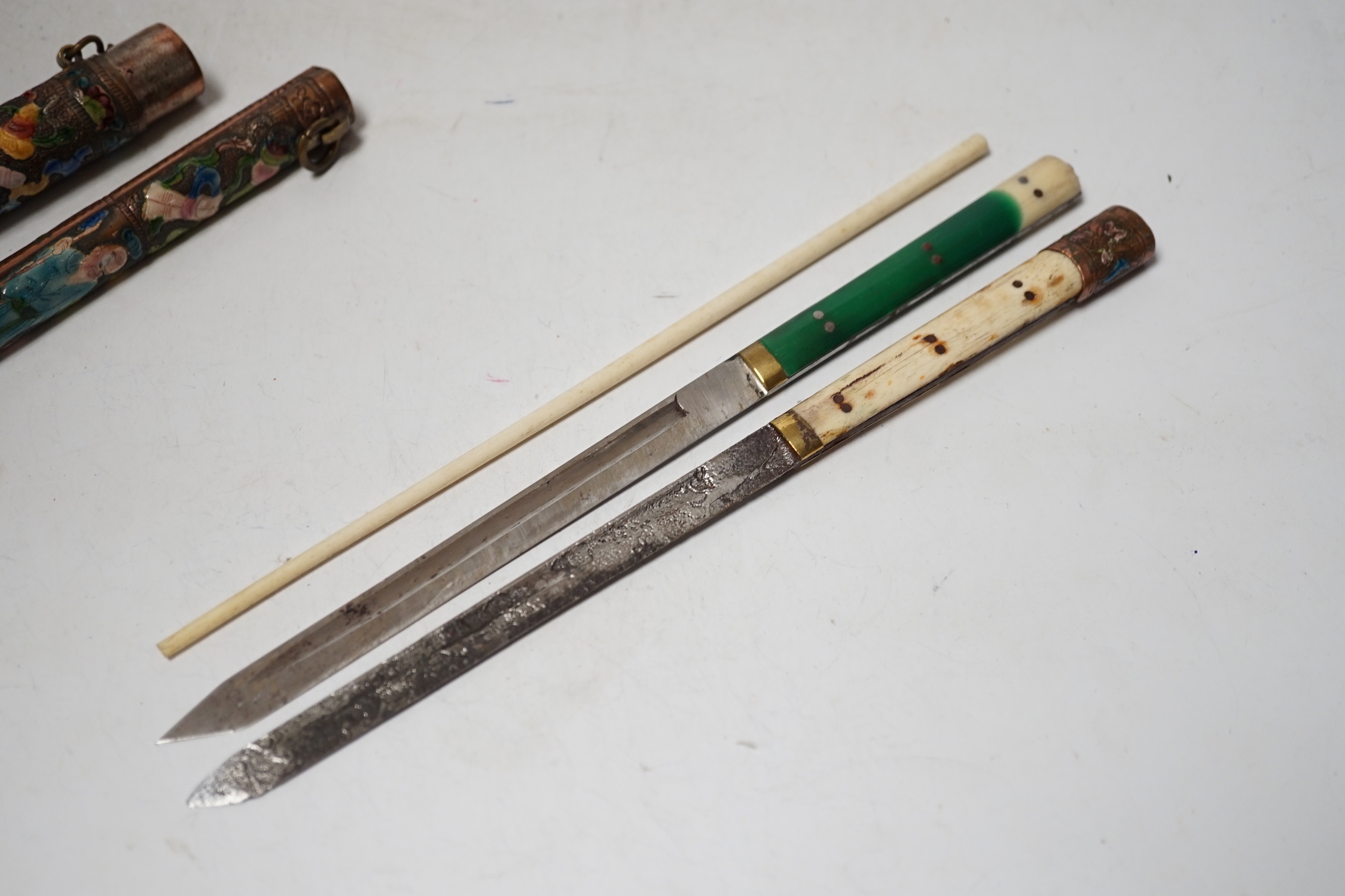 Two Chinese enamelled metal chopstick and knife cases, early 20th century, tallest 10.5cm high